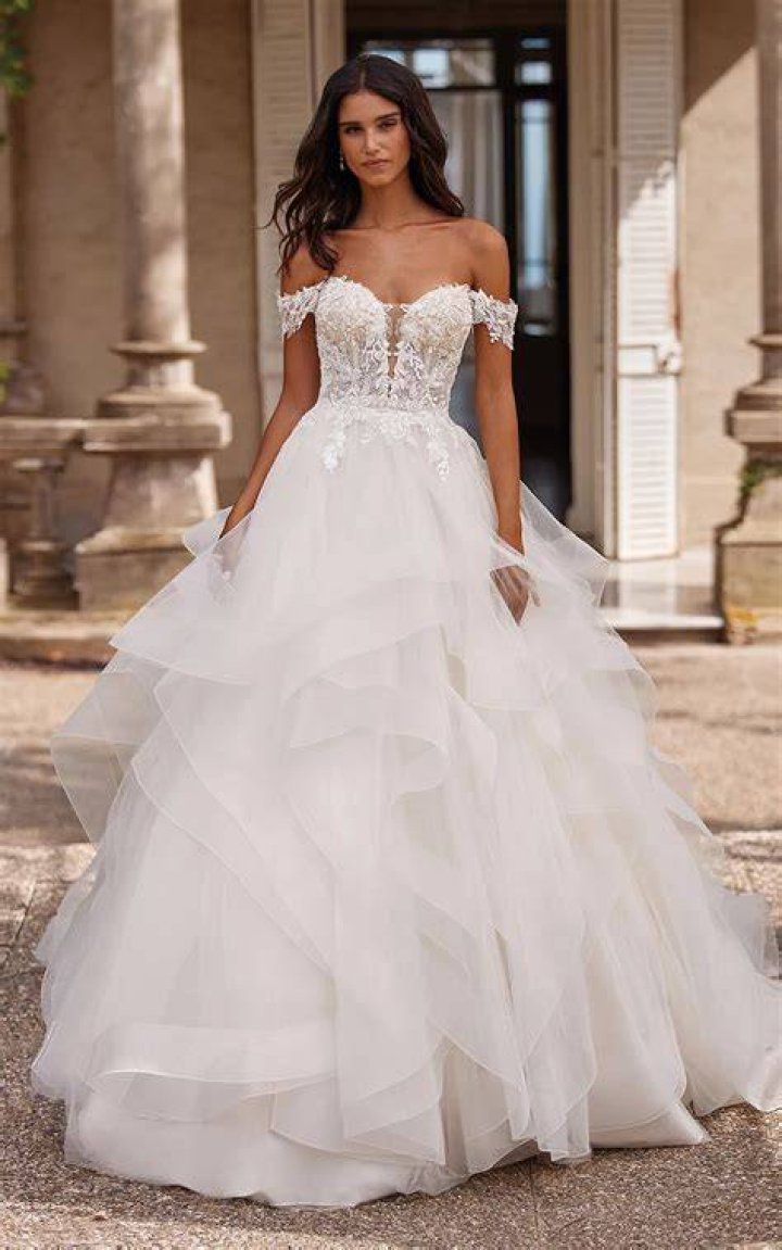 Gown, Dress, Clothing, White, Wedding dress, Shoulder, Fashion, Bridal clothing, Fashion model, Formal wear, 