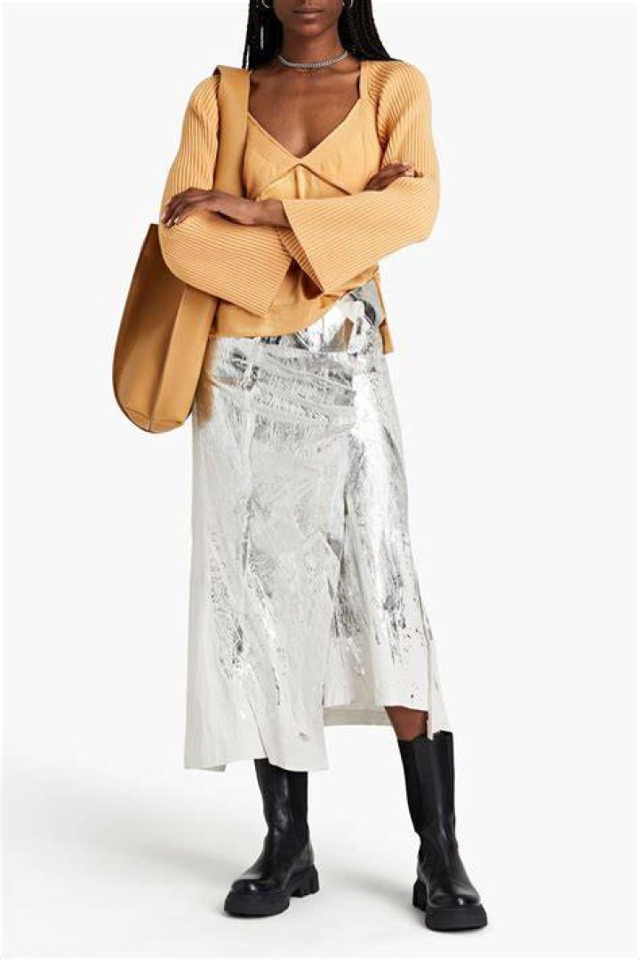 Paneled metallic coated linen midi wrap skirt