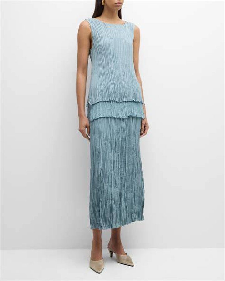 Pleated crinkled metallic shell midi skirt